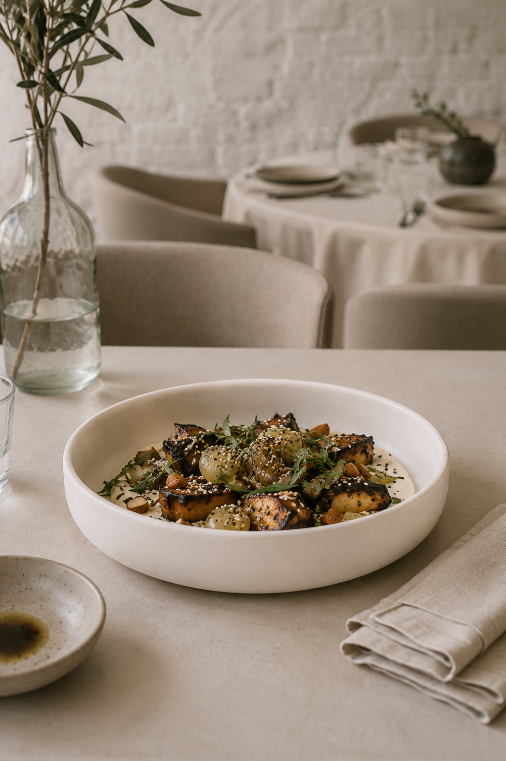 A white ceramic deep bowl filled with roasted vegetables and greens, set on a beige tablecloth in a softly lit dining setting with chairs, plates, and a glass vase in the background.
