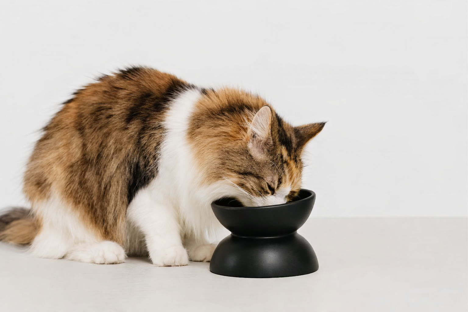 Cat drinking from a black bowl on a light background