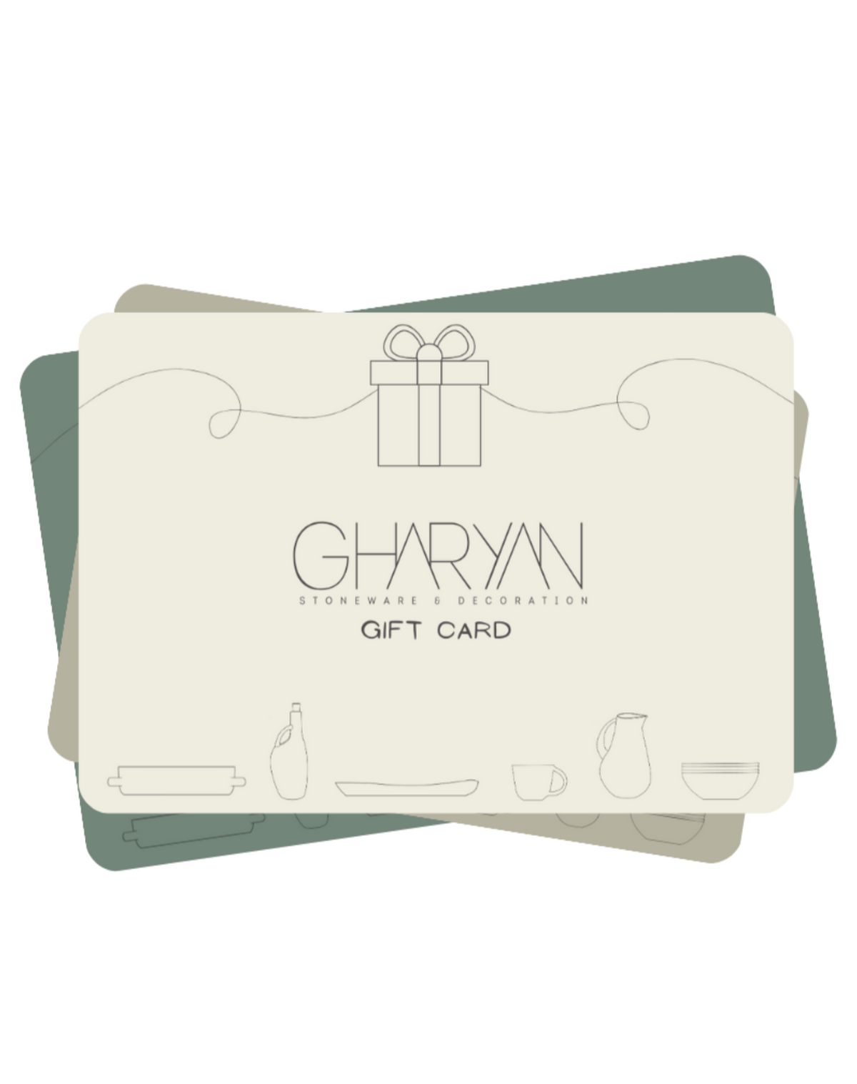 A digital gift card from GHARYAN, featuring a minimalist design with lines and shapes in a beige and green color palette.