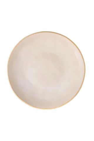 A top-down view of a round ceramic plate in a warm cream color with a thin gold rim, shown on a white background with the Nosse Ceramics logo in the top left corner.